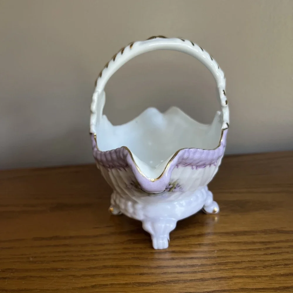 Vintage Cracker Barrel Footed Porcelain Basket Violets 10K Gold Trim Cottagecore